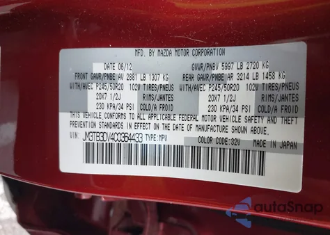 2012 Mazda Cx-9 Grand Touring z USA, uszkodzony, nr VIN JM3TB3DV4C0364433